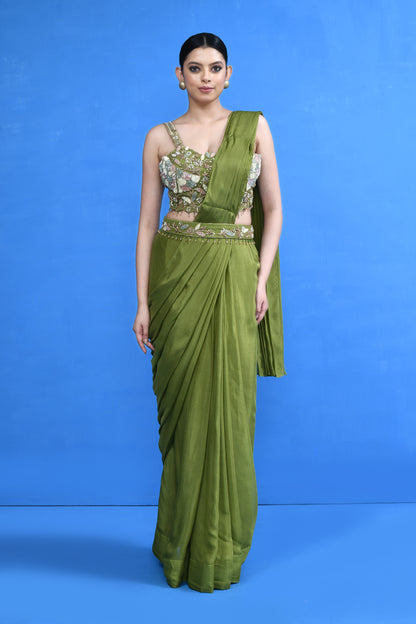 Designer Wear Green Chinon Chiffon Drape Saree