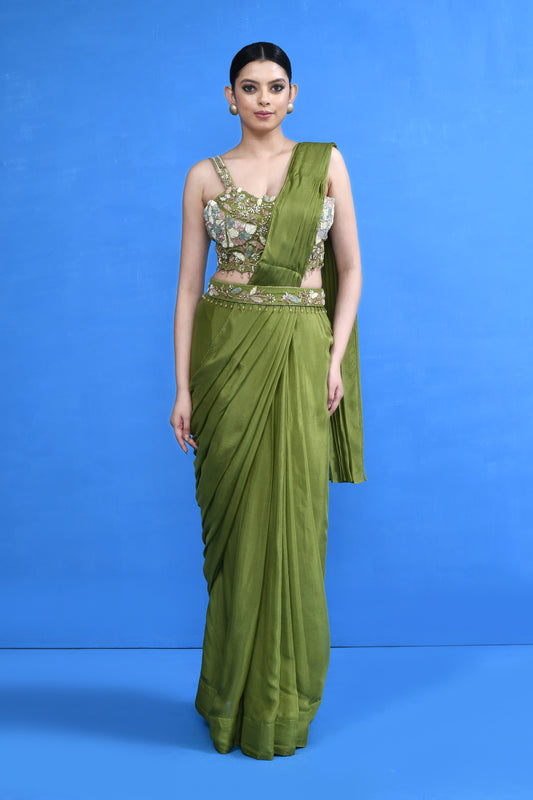 Designer Wear Green Chinon Chiffon Drape Saree