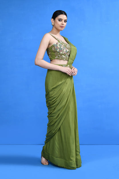 Designer Wear Green Chinon Chiffon Drape Saree