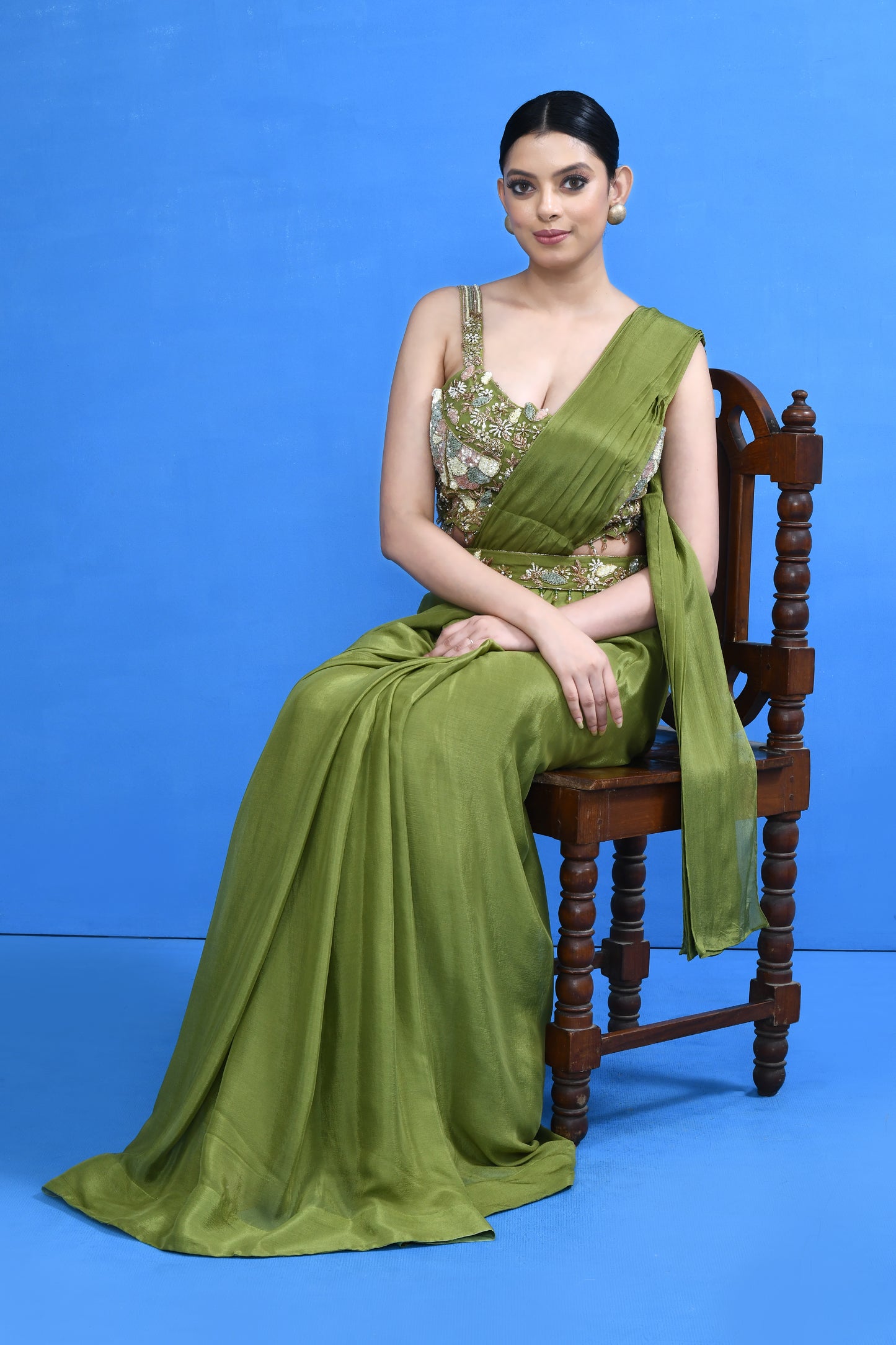 Designer Wear Green Chinon Chiffon Drape Saree