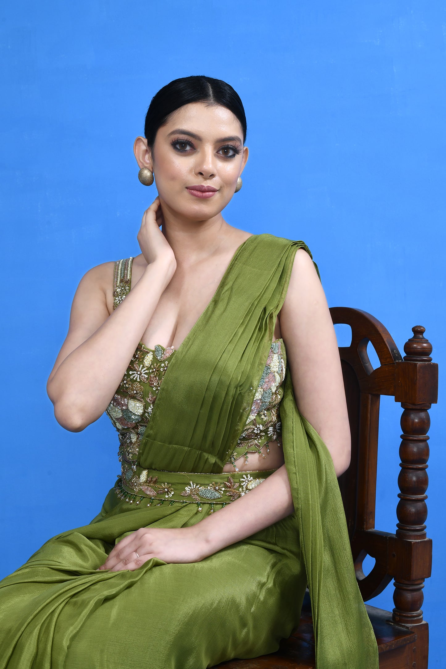 Designer Wear Green Chinon Chiffon Drape Saree