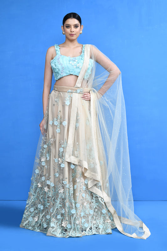 Designer Wear Beige Net Lehenga Set