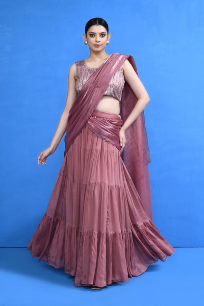 Designer Wear Onion Pink Drape Saree Set