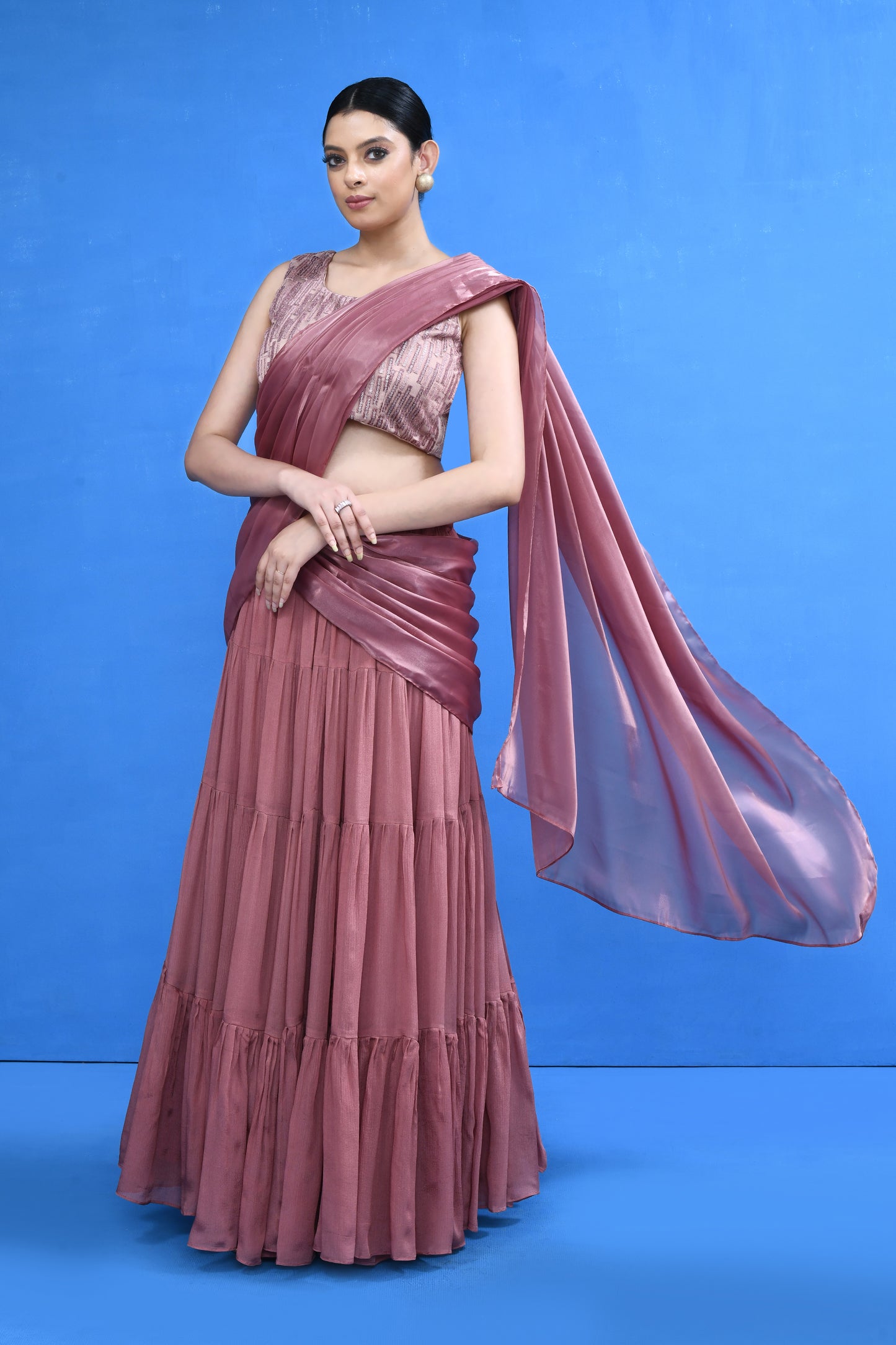 Designer Wear Onion Pink Drape Saree Set