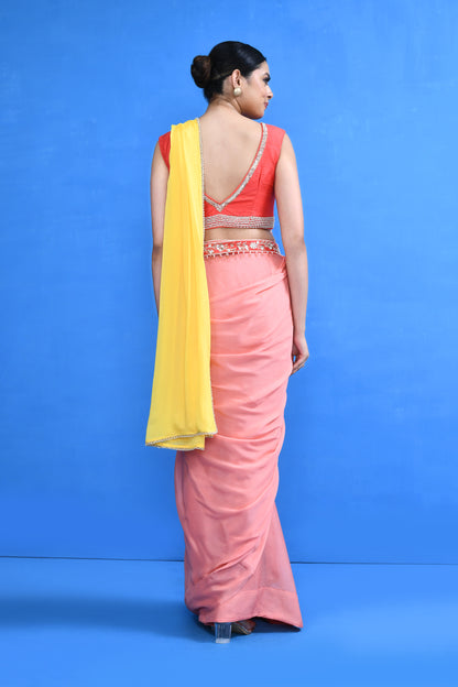 Designer Wear Pink and Yellow Drape Saree