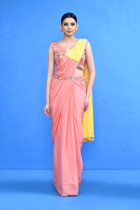 Designer Wear Pink and Yellow Drape Saree