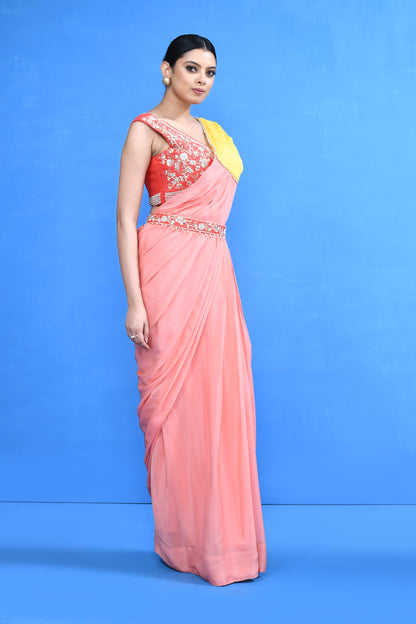 Designer Wear Pink and Yellow Drape Saree