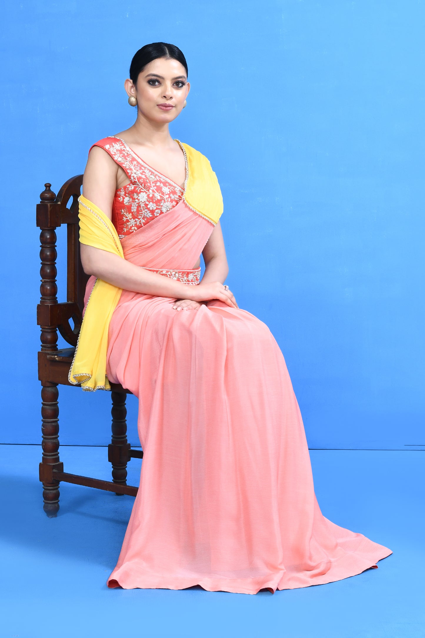 Designer Wear Pink and Yellow Drape Saree