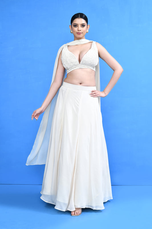 Designer Wear Off White Chinon Chiffon Lehenga Set