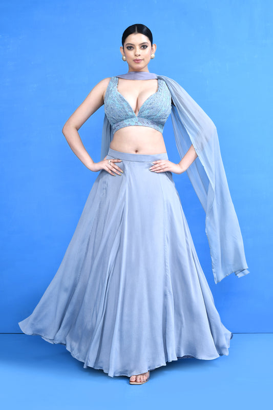 Designer Wear Blue Chinon Chiffon Lehenga Set
