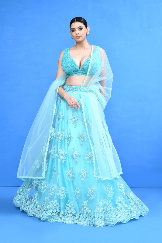 Designer Wear Blue Net Lehenga Set