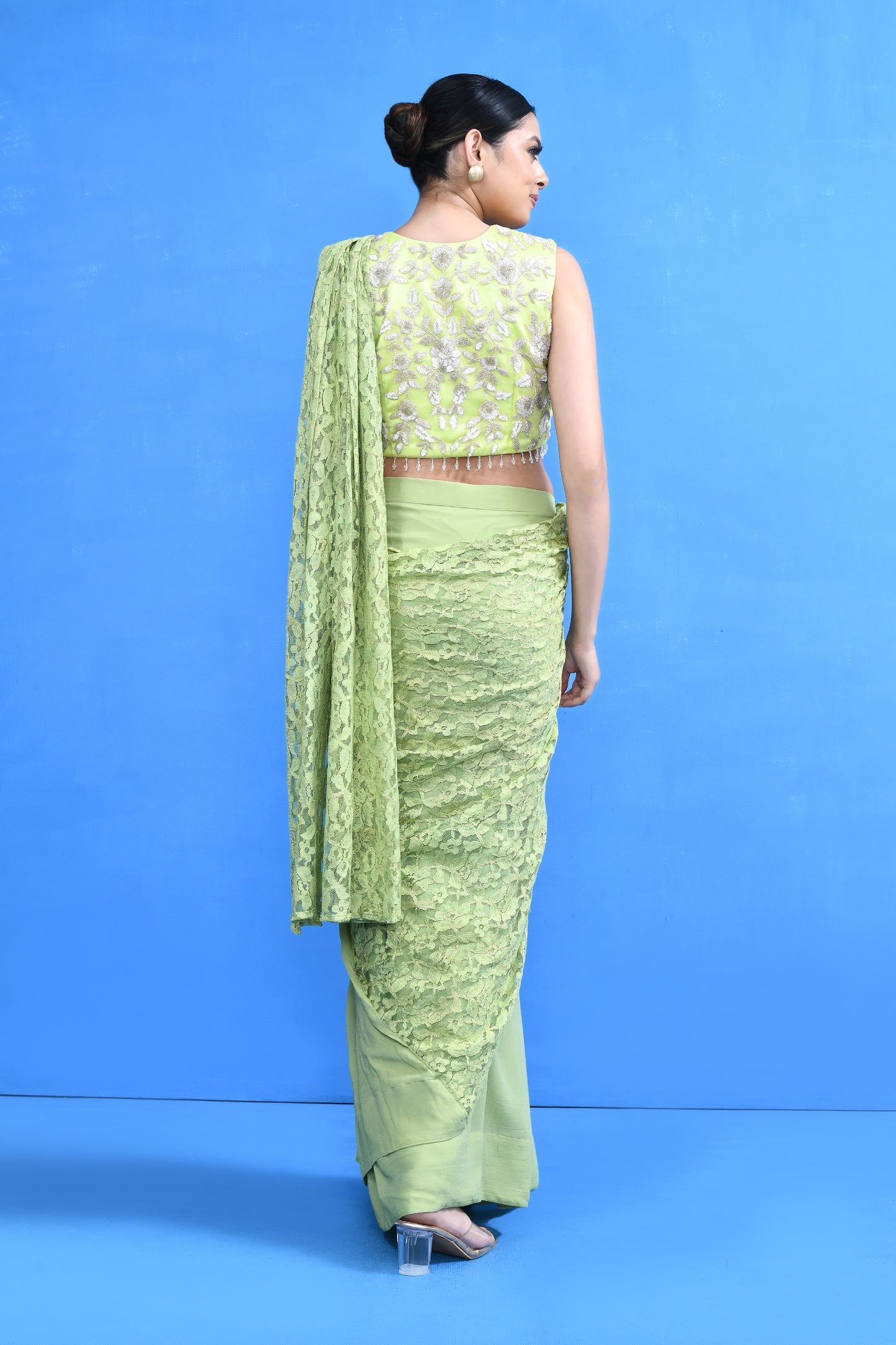 Designer Wear Pista Green Centre Lace Georgette Drape Saree
