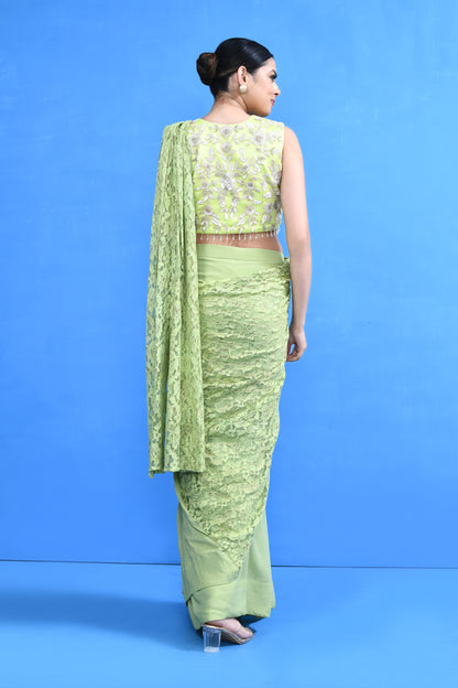 Designer Wear Pista Green Centre Lace Georgette Drape Saree