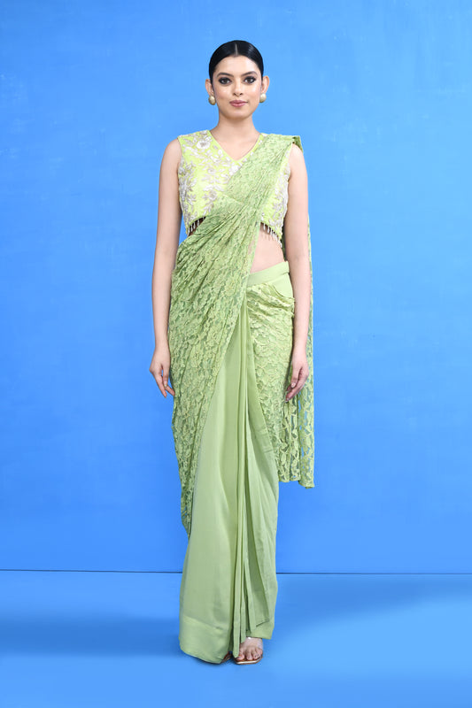 Designer Wear Pista Green Centre Lace Georgette Drape Saree