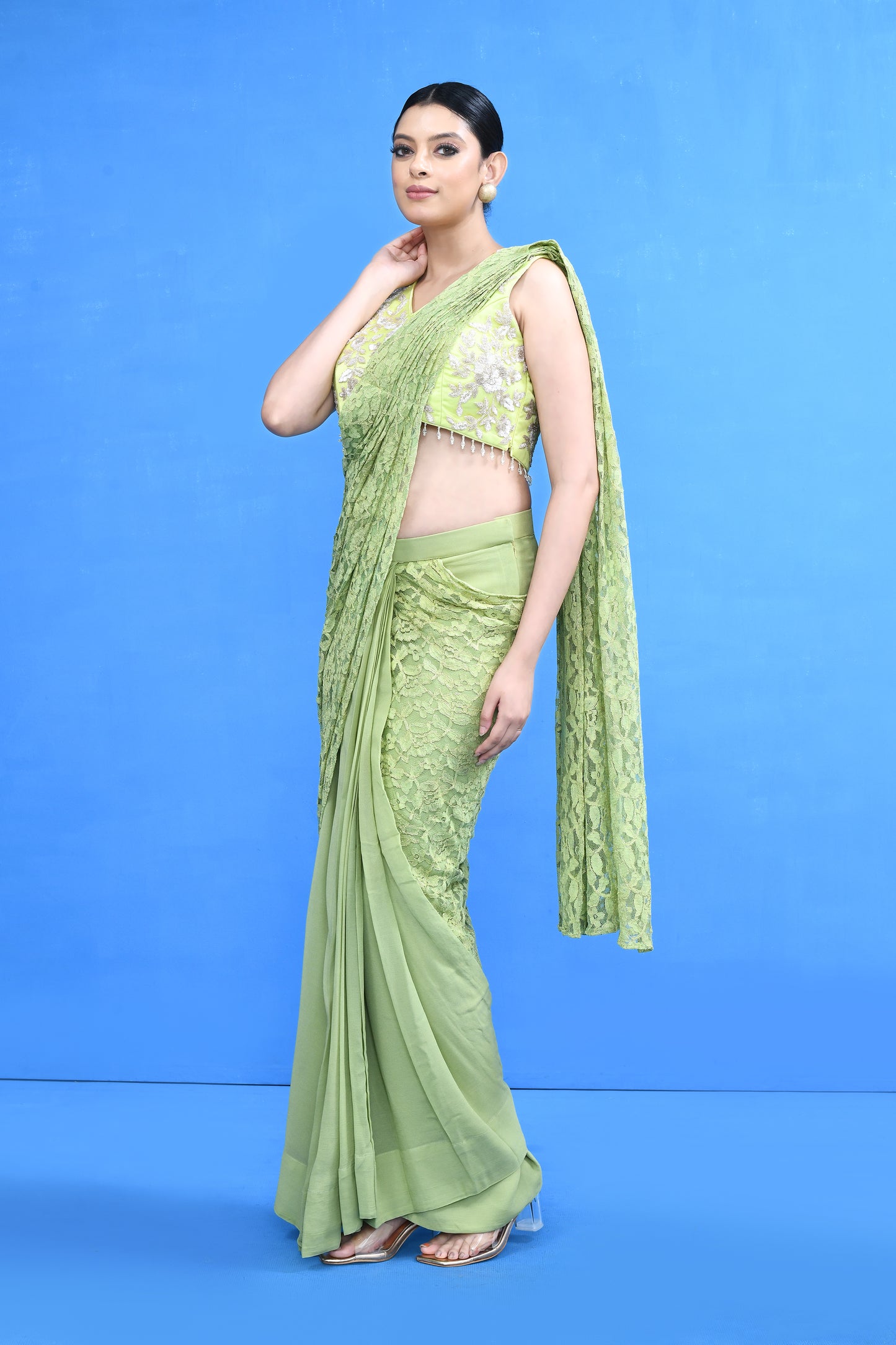 Designer Wear Pista Green Centre Lace Georgette Drape Saree