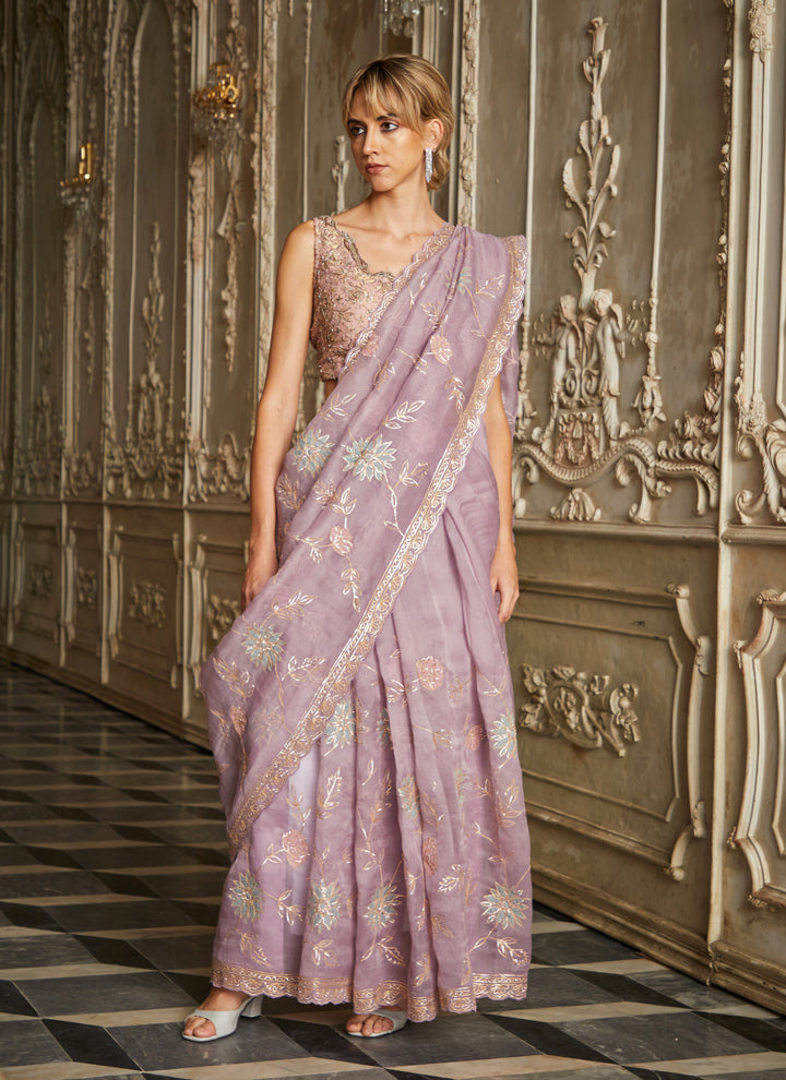 Designer Light purple color Hand Embroidered saree