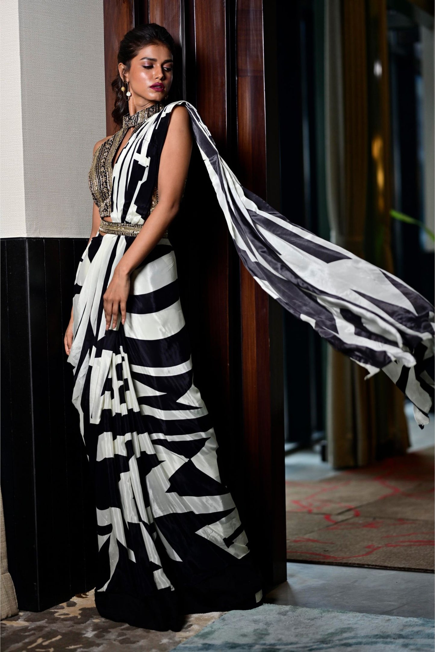 Designer Wear Black & White Pre-draped Saree Set