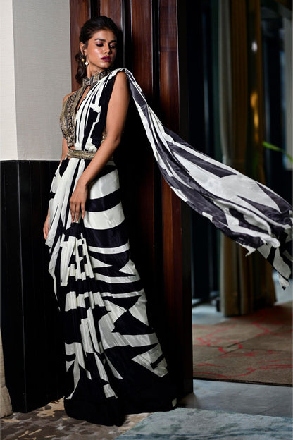 Designer Wear Black & White Pre-draped Saree Set
