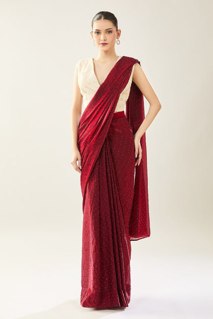 Designer Wear Maroon Pre-draped Saree Set