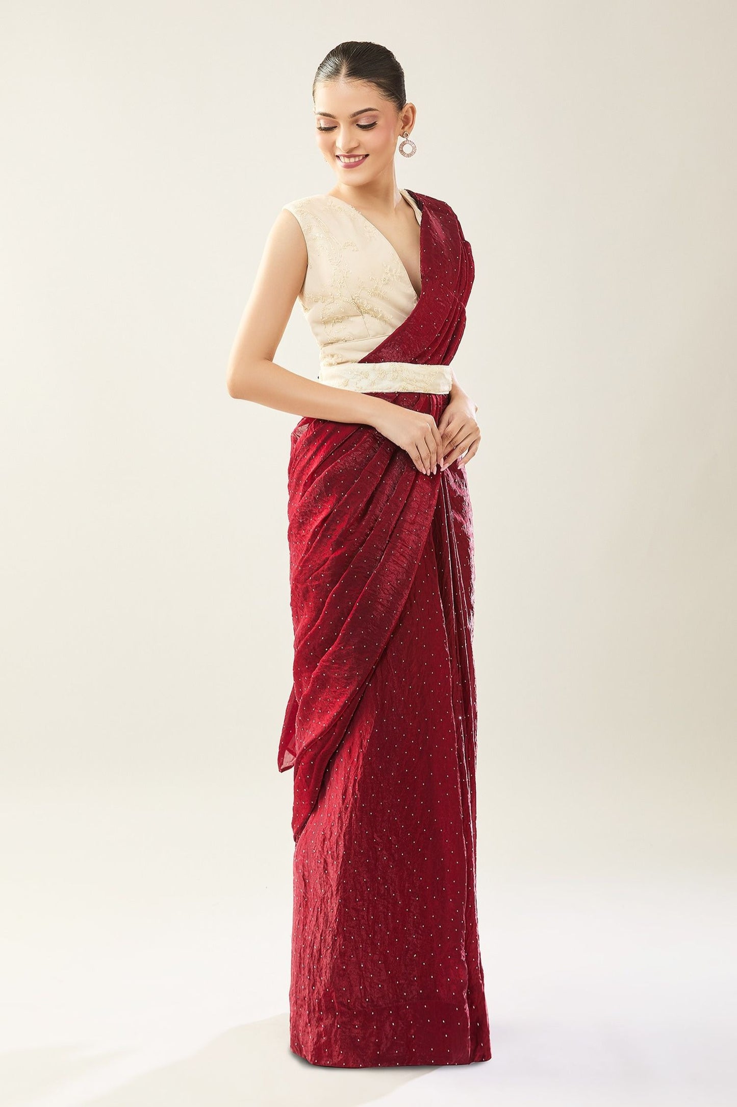 Designer Wear Maroon Pre-draped Saree Set