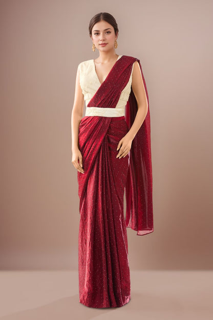 Designer Wear Maroon Pre-draped Saree Set
