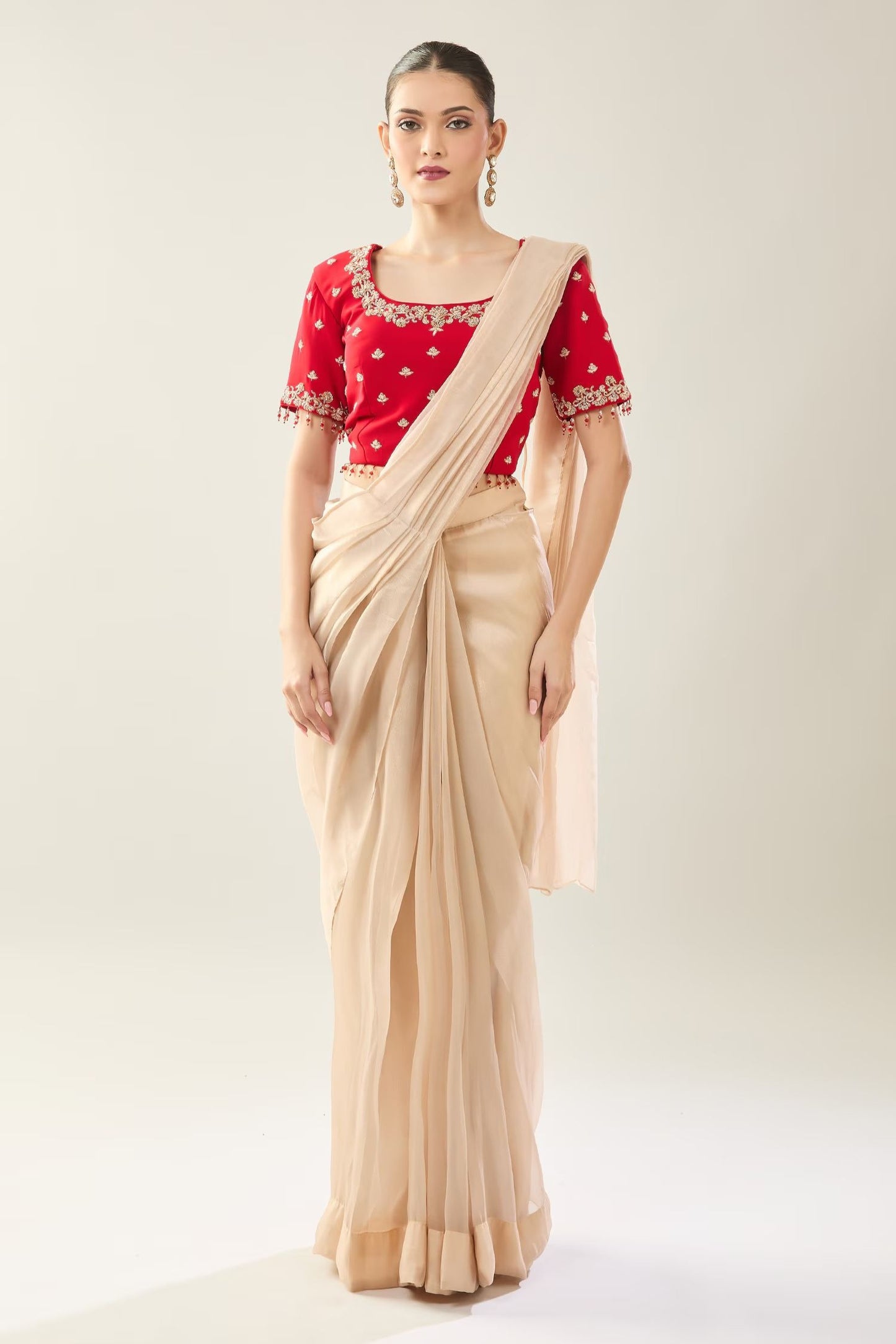 Designer Wear  Beige  Tissue  Drape Saree
