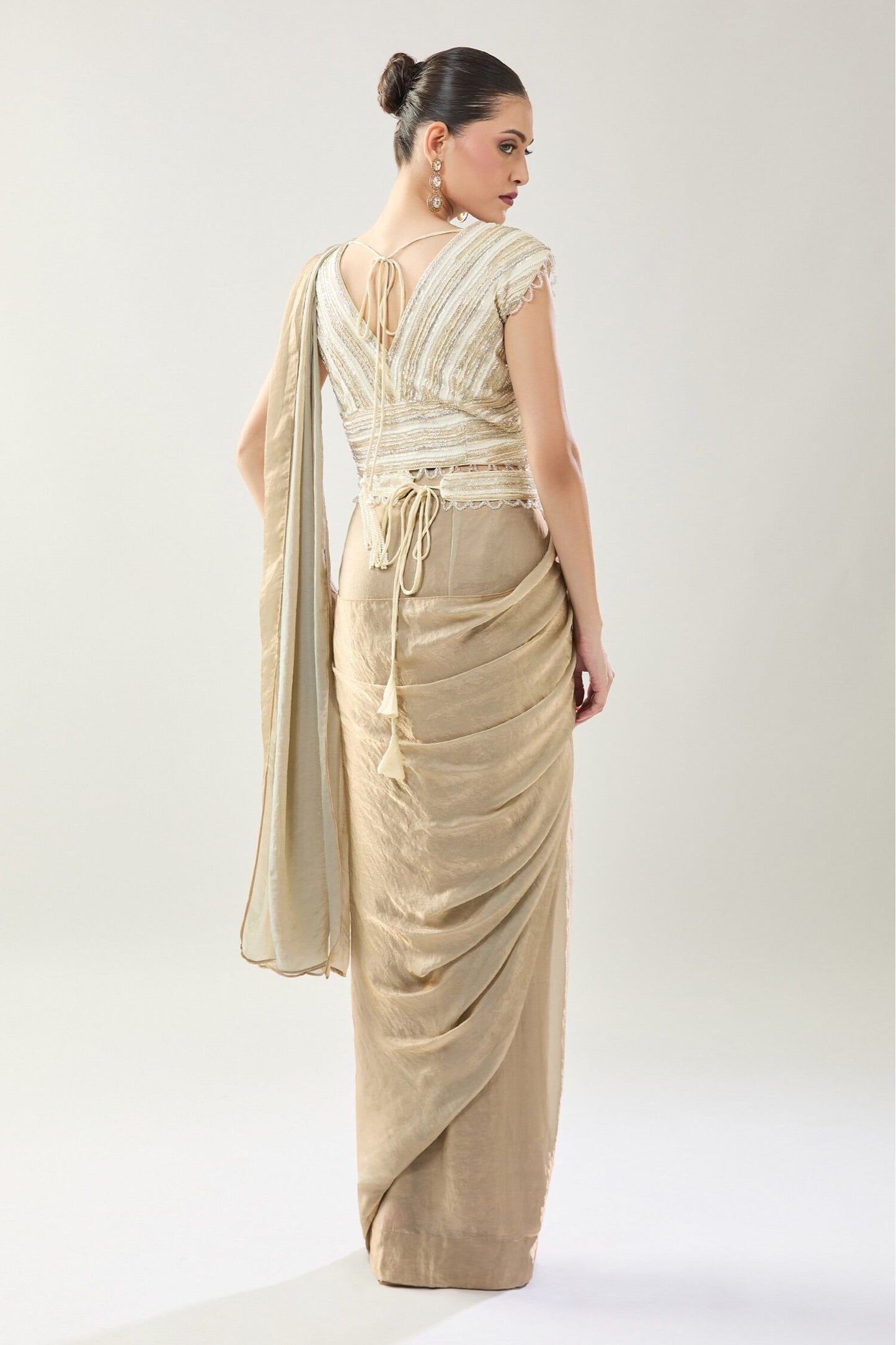 Designer Wear Beige Pre-Draped Saree Set