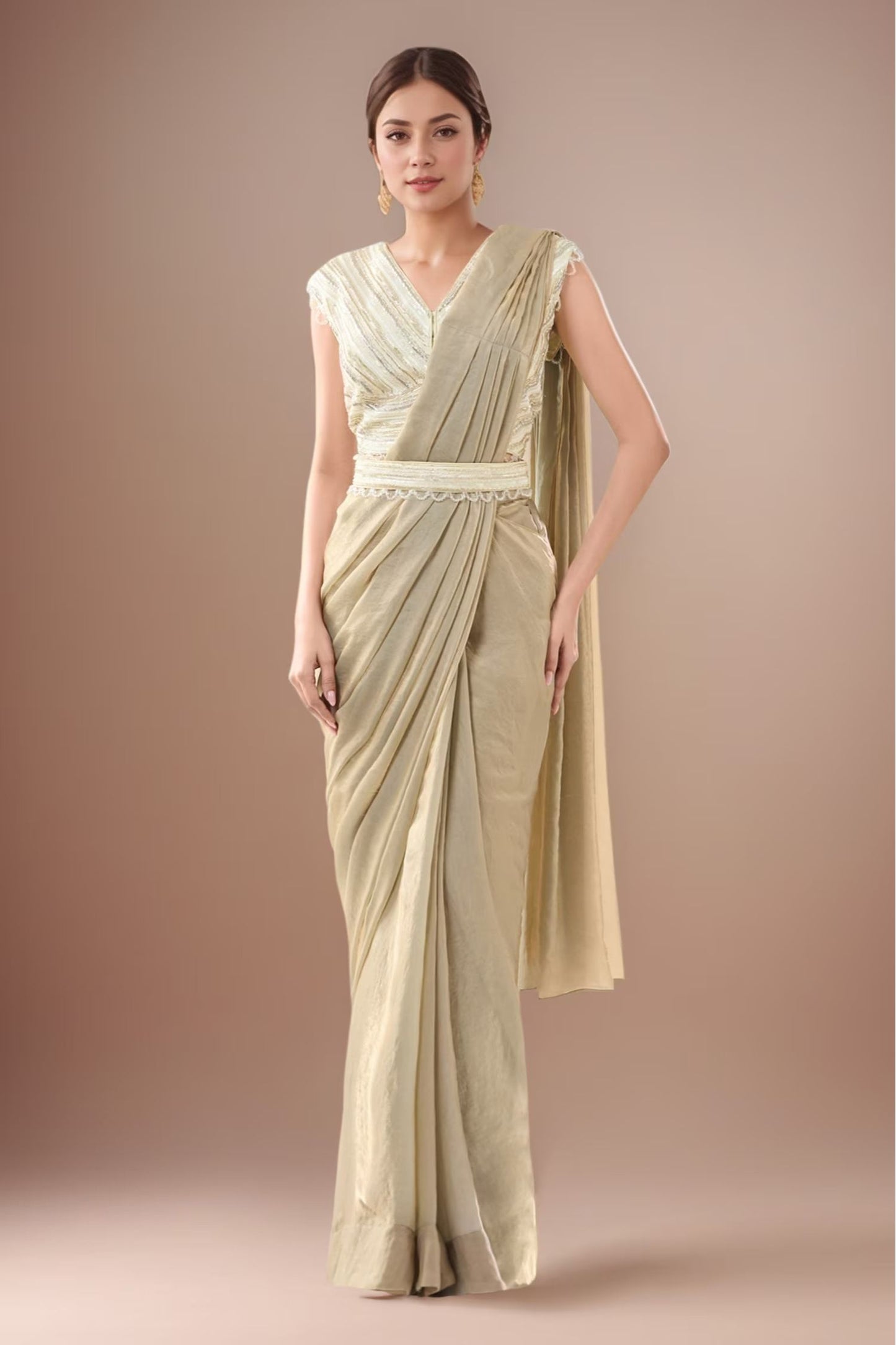 Designer Wear Beige Pre-Draped Saree Set