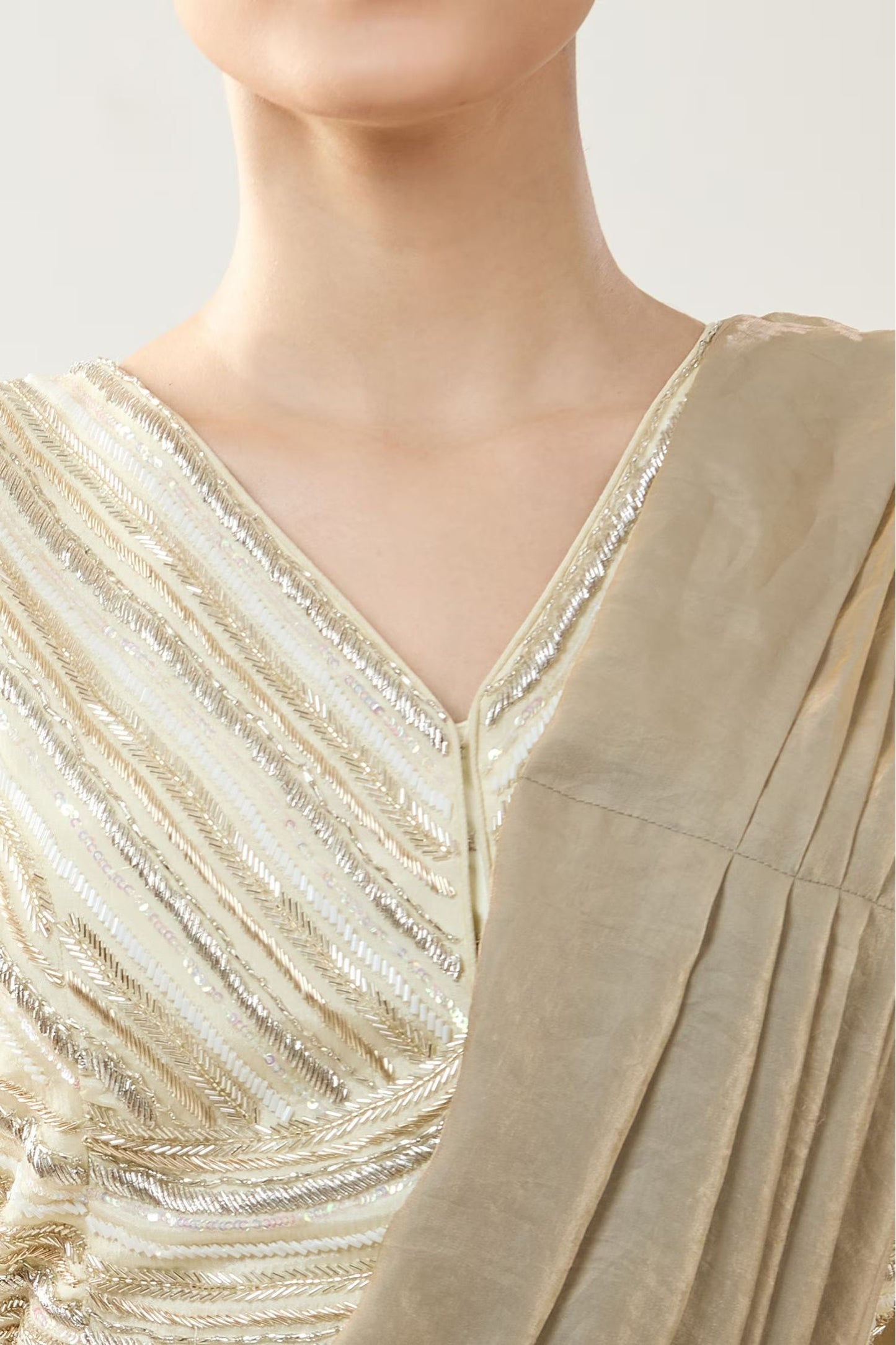 Designer Wear Beige Pre-Draped Saree Set