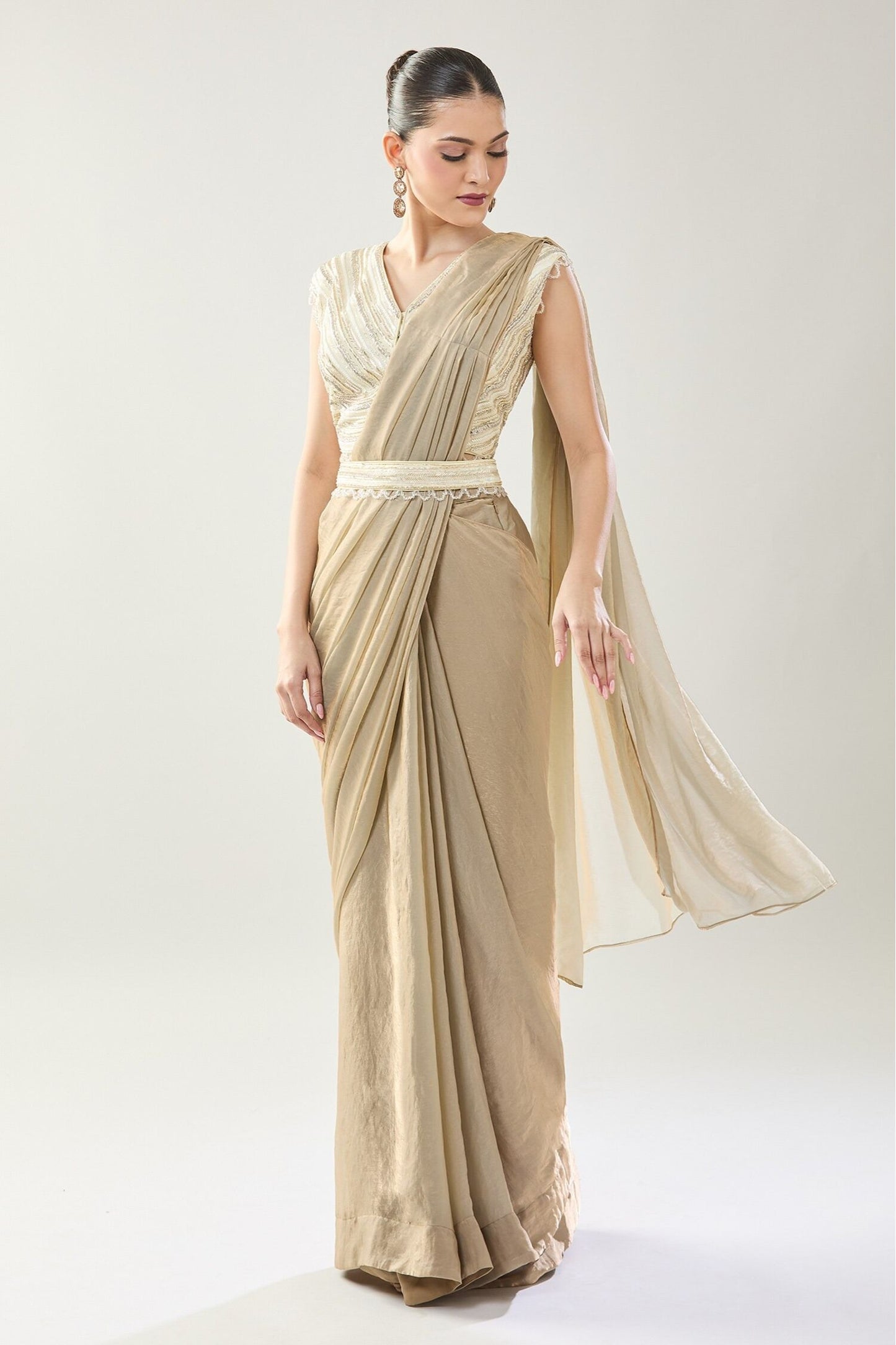 Designer Wear Beige Pre-Draped Saree Set