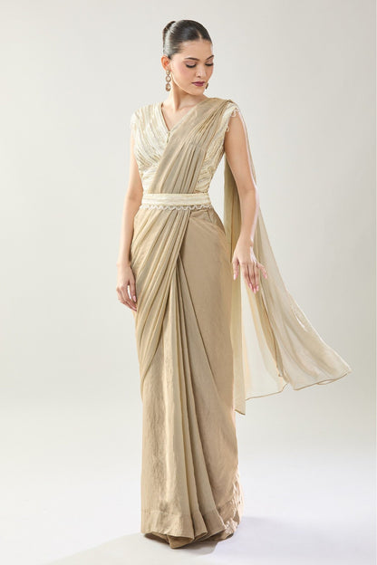 Designer Wear Beige Pre-Draped Saree Set