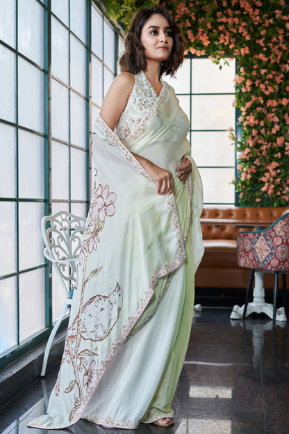Designer Wear Chinon Crepe Drape Saree Set