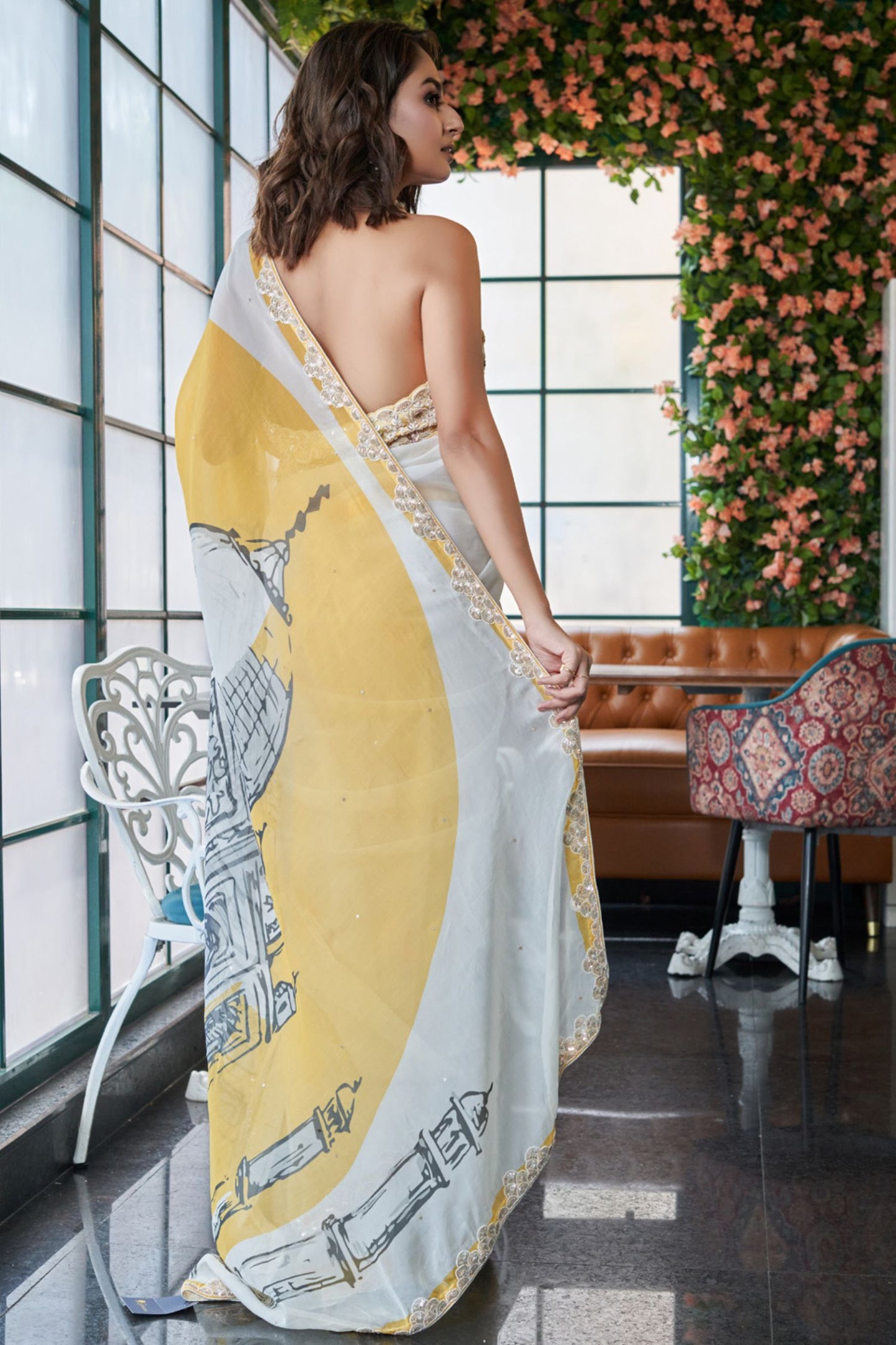 Designer Wear Multicolour Chinnon Drape Saree