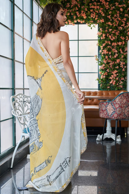 Designer Wear Multicolour Chinnon Drape Saree