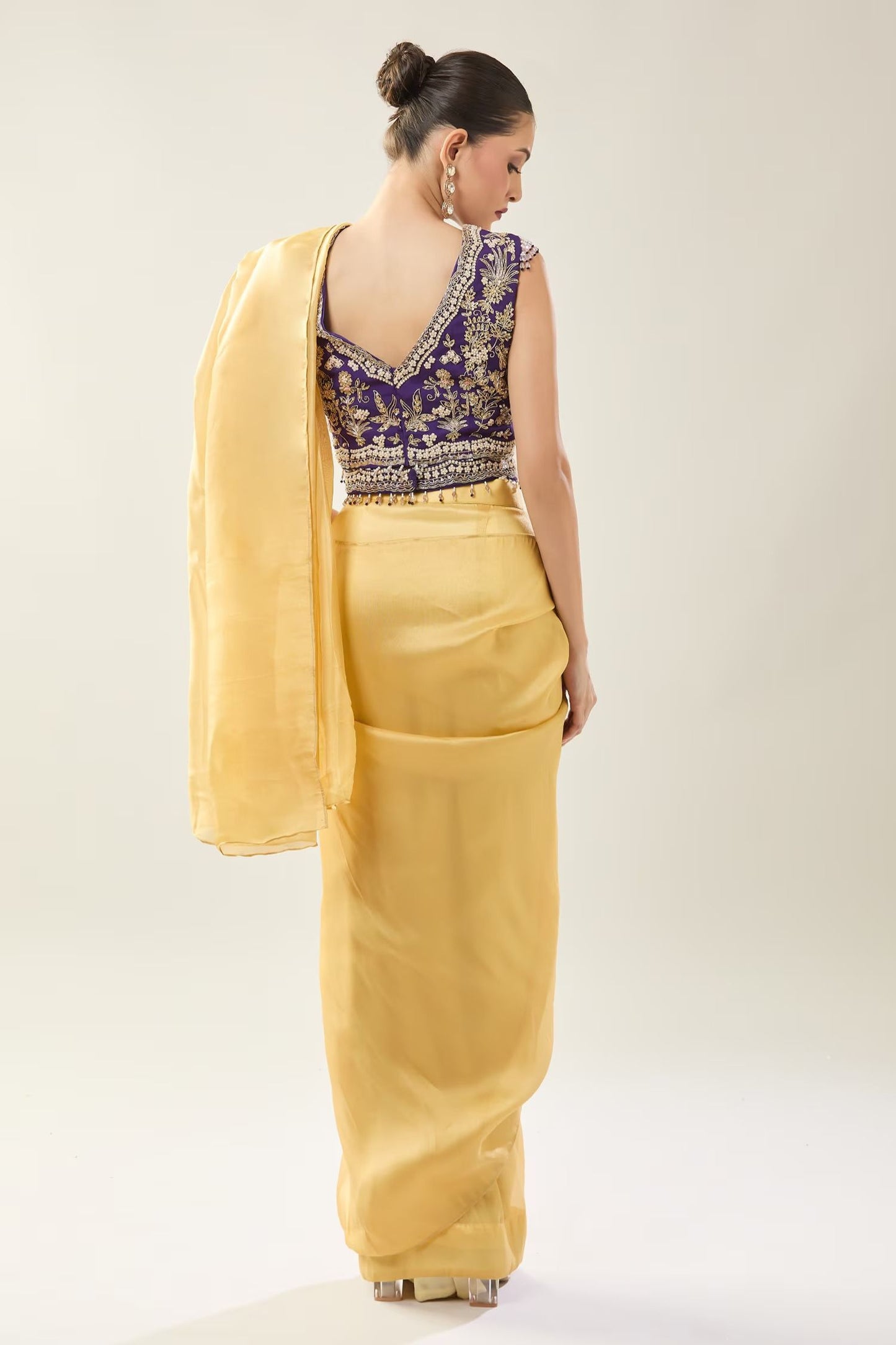 Designer Wear  Yellow  Tissue  Drape Saree