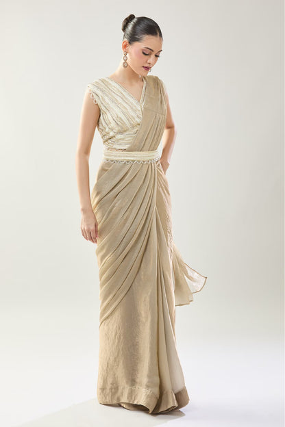 Designer Wear Beige Pre-Draped Saree Set