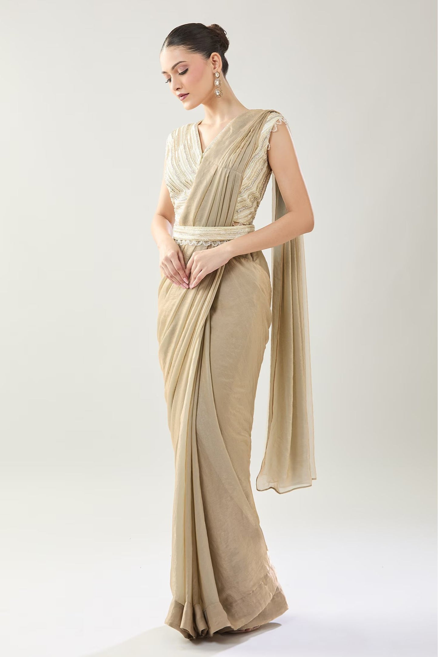 Designer Wear Beige Pre-Draped Saree Set