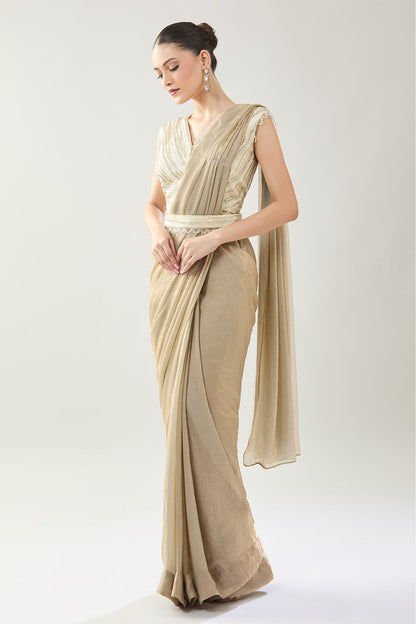Designer Wear Beige Pre-Draped Saree Set
