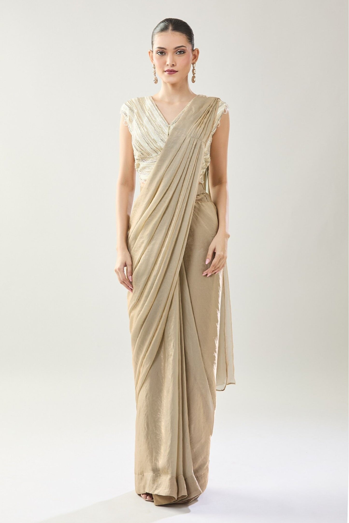 Designer Wear Beige Pre-Draped Saree Set