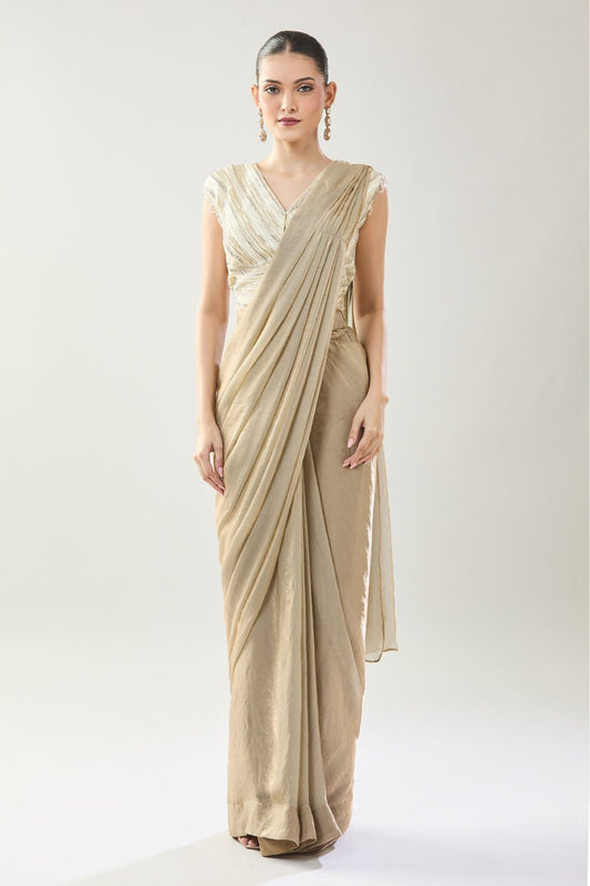 Designer Wear Beige Pre-Draped Saree Set
