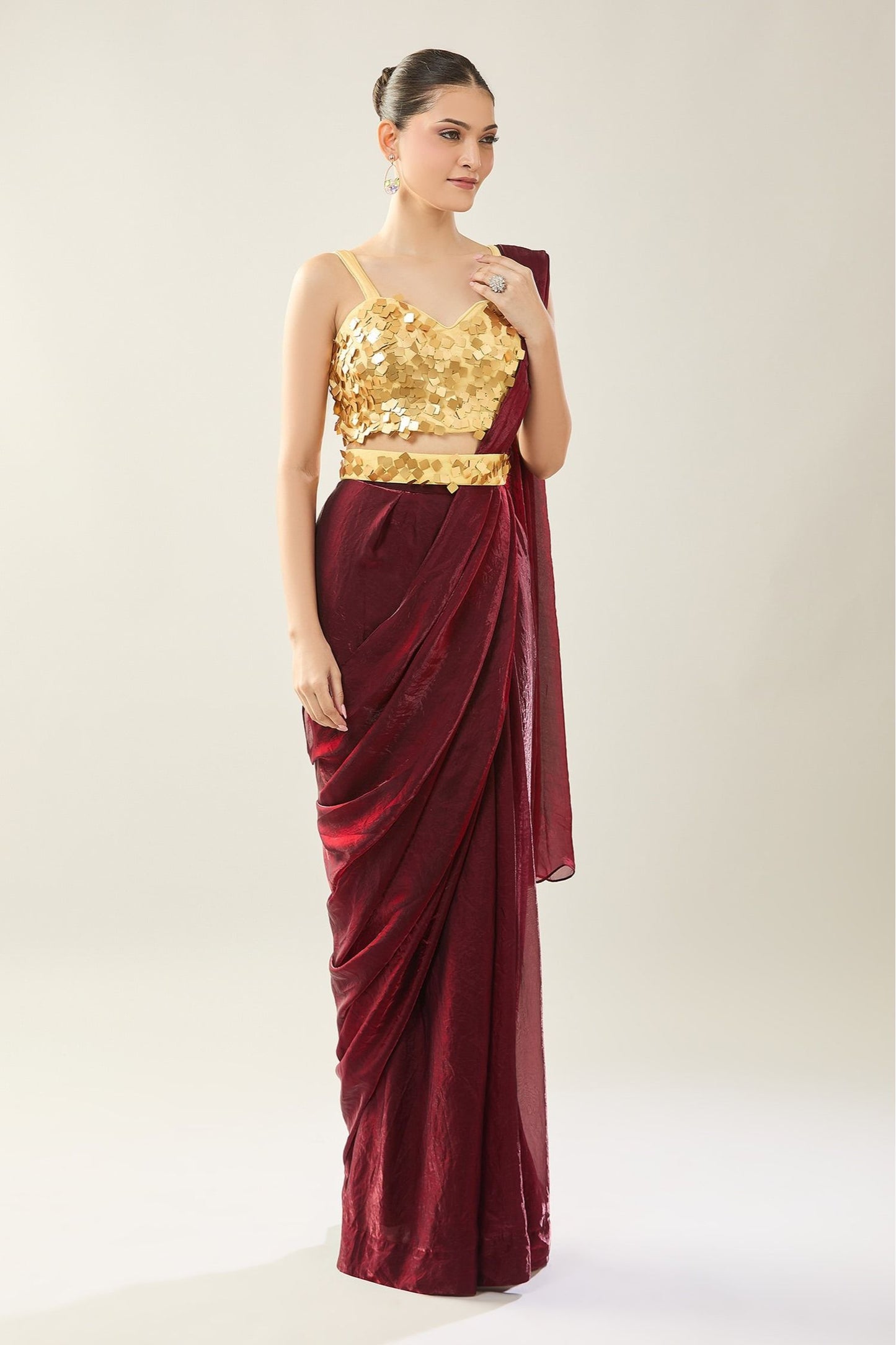 Designer Wear Maroon Pre-Draped Saree Set
