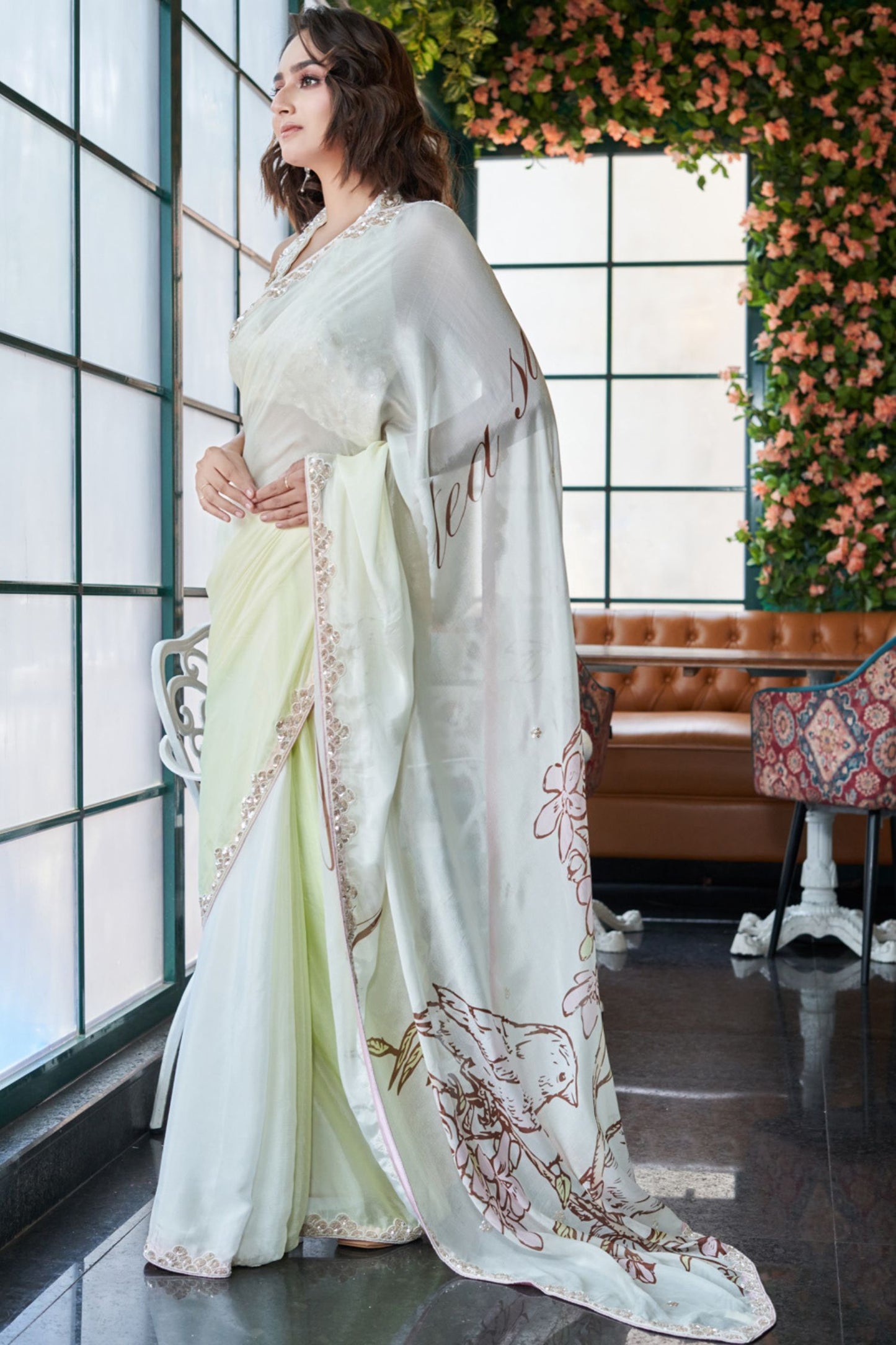 Designer Wear Chinon Crepe Drape Saree Set