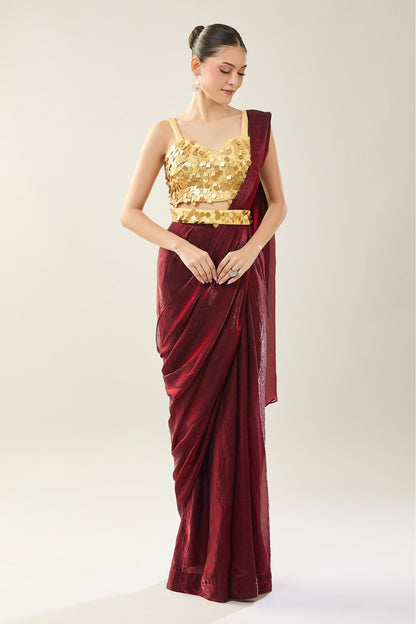 Designer Wear Maroon Pre-Draped Saree Set