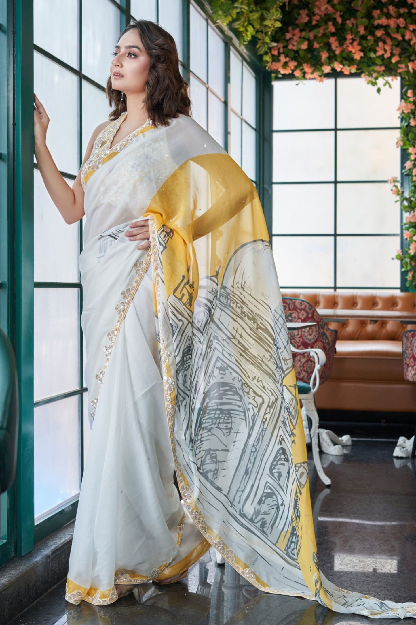 Designer Wear Multicolour Chinnon Drape Saree