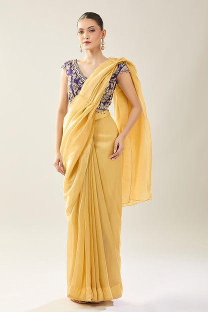 Designer Wear  Yellow  Tissue  Drape Saree