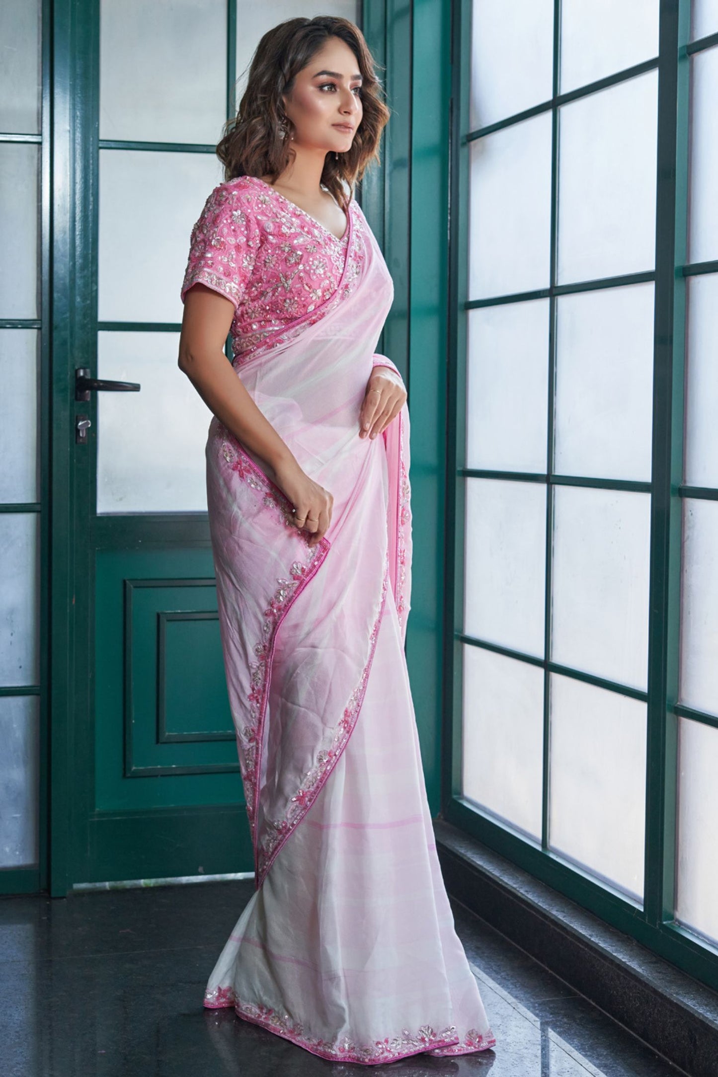 Designer Wear Pink Chinon Crepe Drape Saree Set