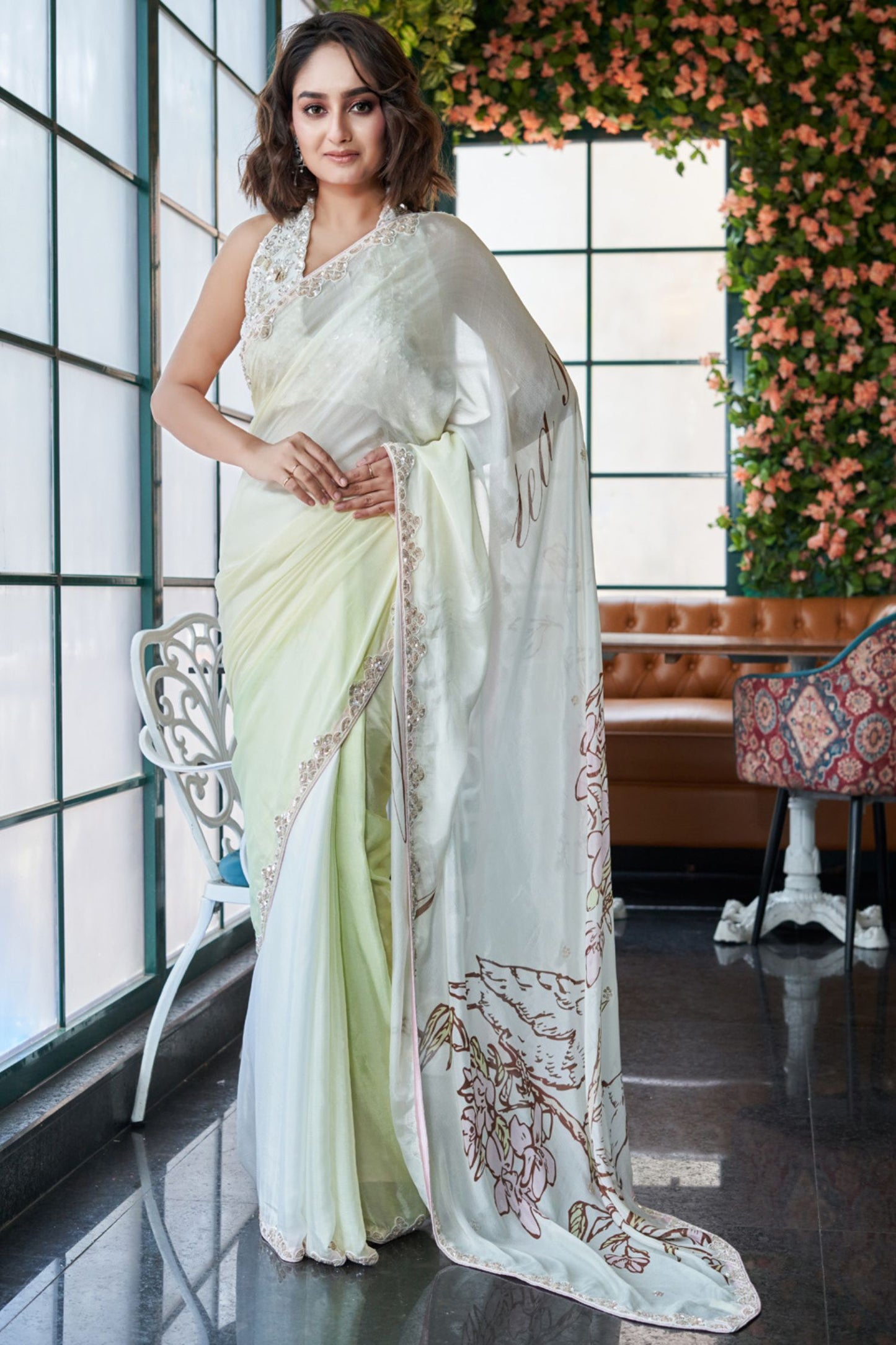 Designer Wear Chinon Crepe Drape Saree Set