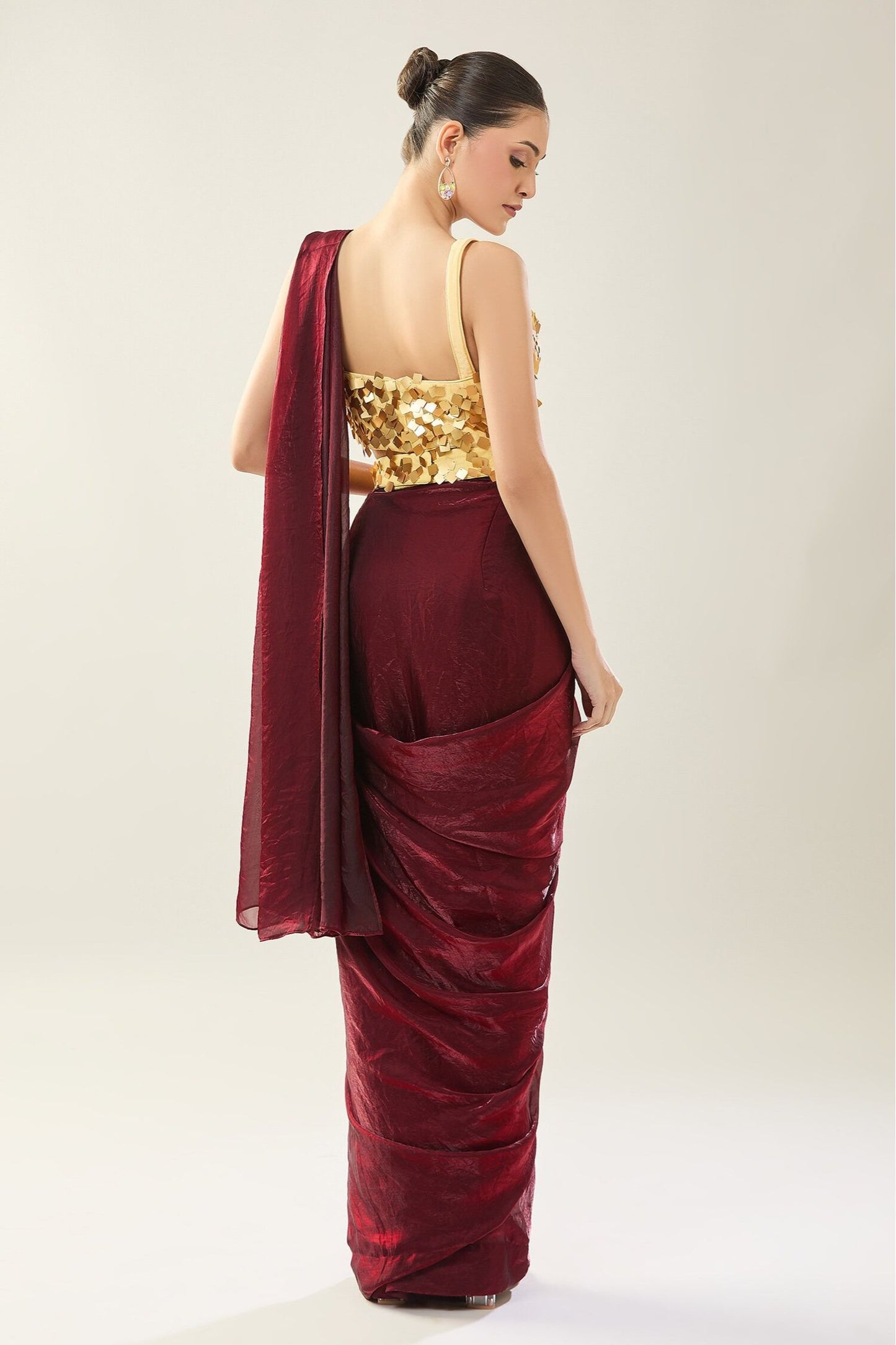 Designer Wear Maroon Pre-Draped Saree Set