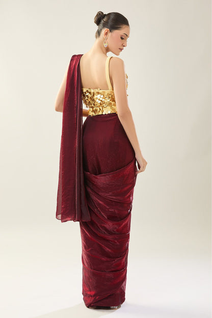 Designer Wear Maroon Pre-Draped Saree Set