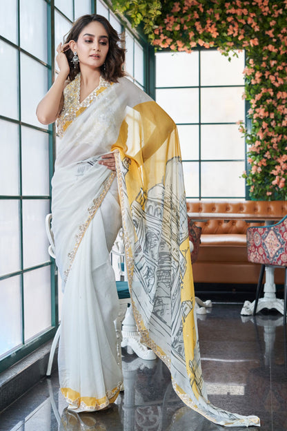 Designer Wear Multicolour Chinnon Drape Saree